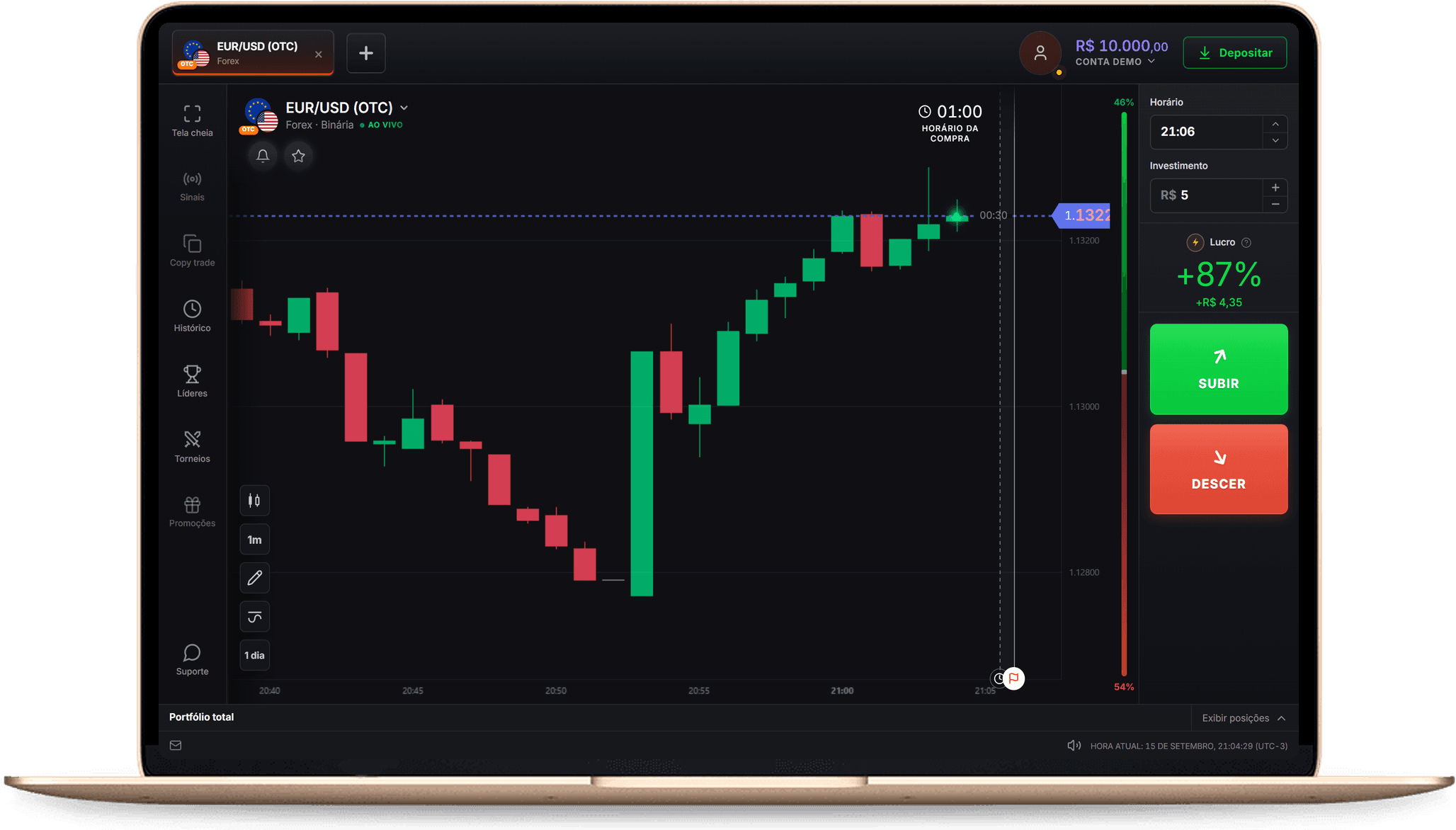 Notebook exibindo a plataforma de trading da NovaCode com gráfico de velas ao vivo, painel de investimento e botões de compra e venda